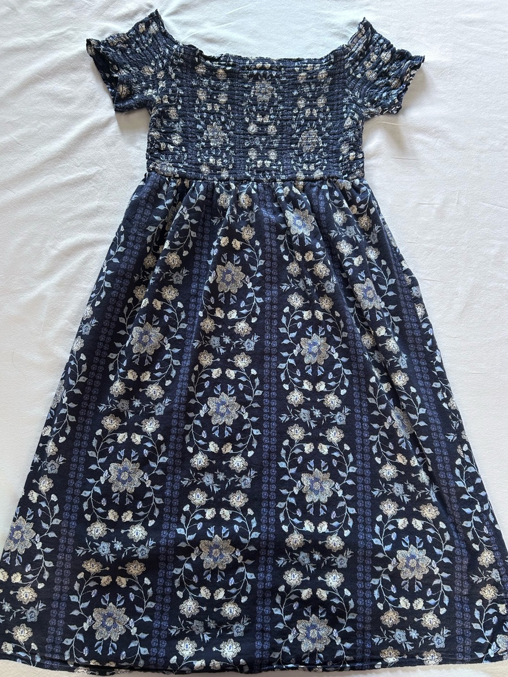 Old Navy Navy Blue Floral Smocked Midi Dress M Off Shoulder